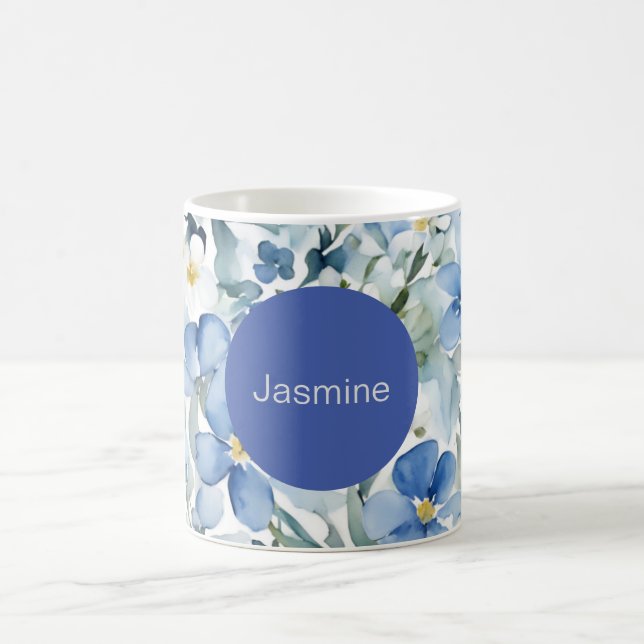 Professional Modern Minimalist Blue Floral Name Coffee Mug (Center)