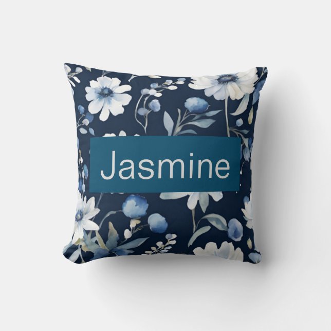 Professional Modern Minimalist Blue Floral Name Cushion (Front)