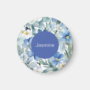 Professional Modern Minimalist Blue Floral Name Magnet