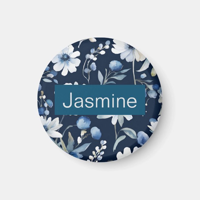 Professional Modern Minimalist Blue Floral Name Magnet (Front)