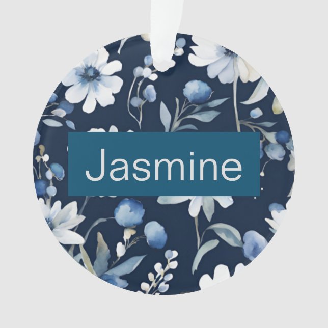 Professional Modern Minimalist Blue Floral Name Ornament (Front)