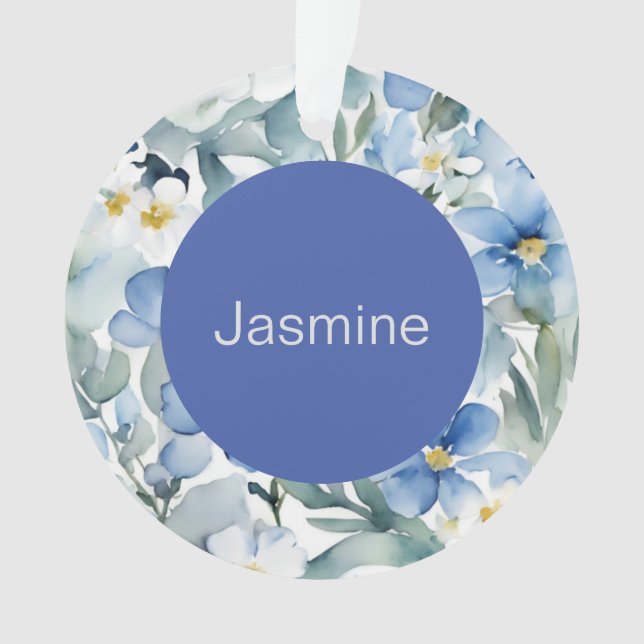 Professional Modern Minimalist Blue Floral Name Ornament (Front)