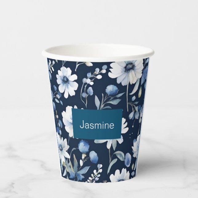 Professional Modern Minimalist Blue Floral Name Paper Cups (Front)