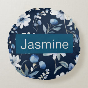 Professional Modern Minimalist Blue Floral Name Round Cushion