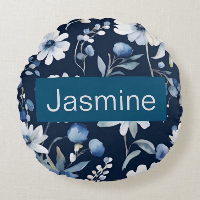 Professional Modern Minimalist Blue Floral Name Round Cushion (Front)