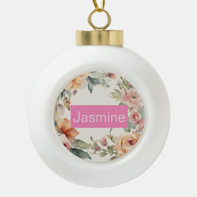 Professional Modern Minimalist Roses Floral Name Ceramic Ball Christmas Ornament (Front)