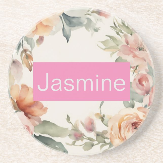 Professional Modern Minimalist Roses Floral Name Coaster (Front)
