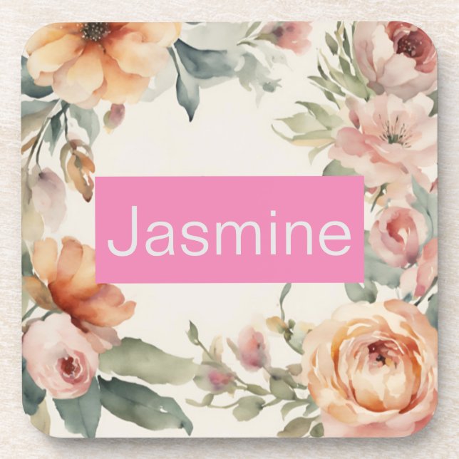 Professional Modern Minimalist Roses Floral Name Coaster (Front)