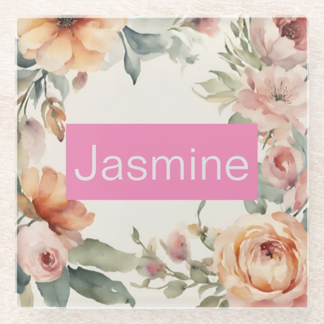 Professional Modern Minimalist Roses Floral Name Glass Coaster (Front)