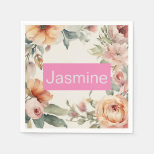 Professional Modern Minimalist Roses Floral Name Napkin