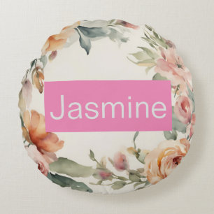 Professional Modern Minimalist Roses Floral Name Round Cushion