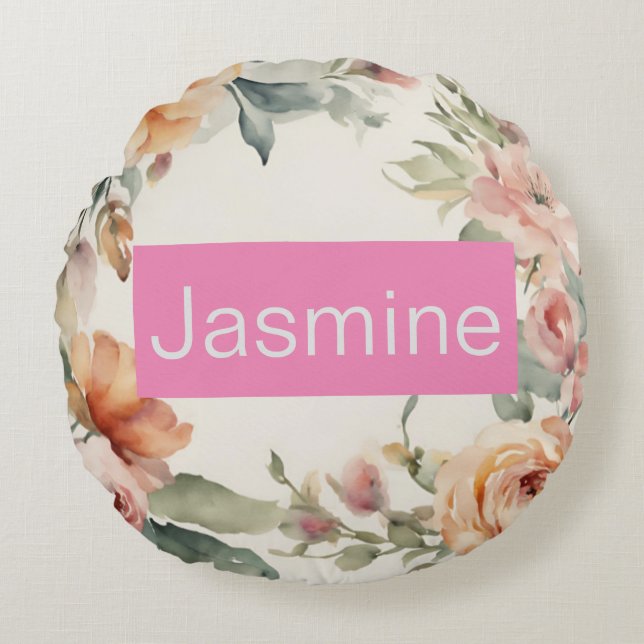Professional Modern Minimalist Roses Floral Name Round Cushion (Front)