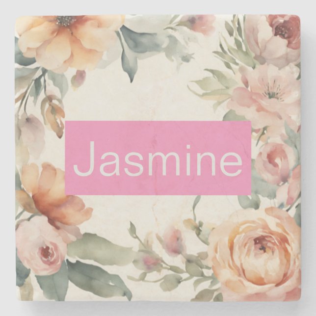 Professional Modern Minimalist Roses Floral Name Stone Coaster (Front)