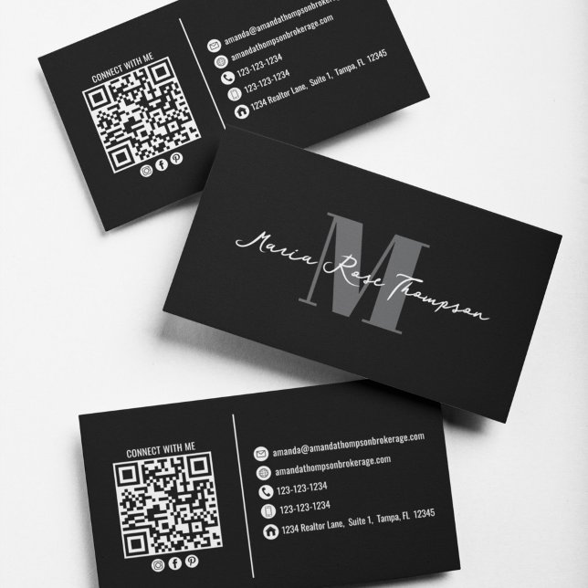 Professional Modern Monogram Minimal QR Code  Business Card (Minimalist black business card with personalized monogram and QR code for modern professionals.)