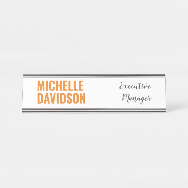 Professional Modern Orange White Minimalist Plain Desk Name Plate (Front)