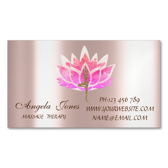 Professional Modern Pink Lotus Flower Yoga Girl Magnetic Business Card (Front)