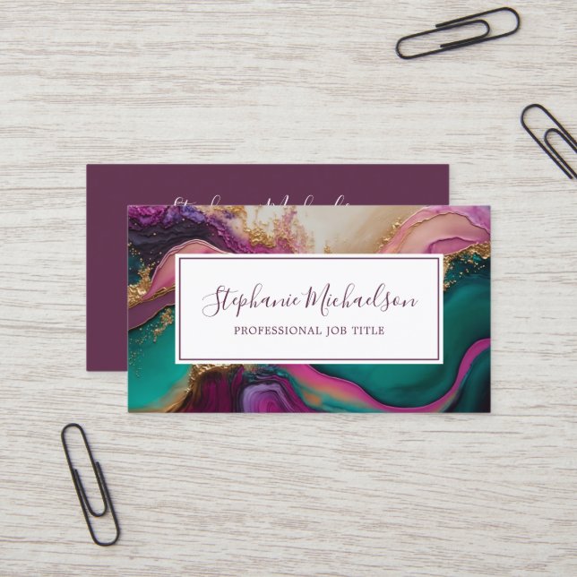 Professional Modern Purple Teal Gold Abstract Business Card (Front/Back In Situ)