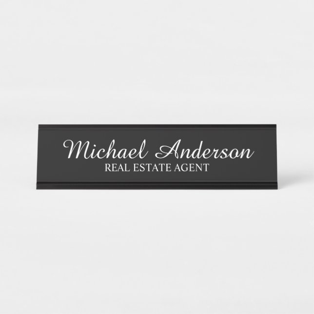 Professional Modern Script Black and White Desk Name Plate (Front)