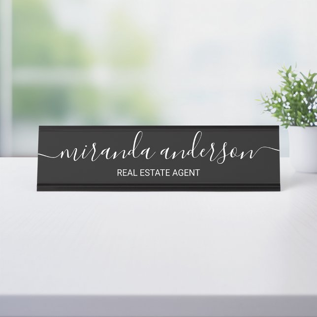 Professional Modern Script Black and White Desk Name Plate (Creator Uploaded)