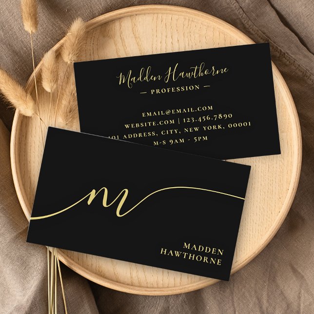 Professional Modern Script Black Gold Monogram Business Card (Creator Uploaded)