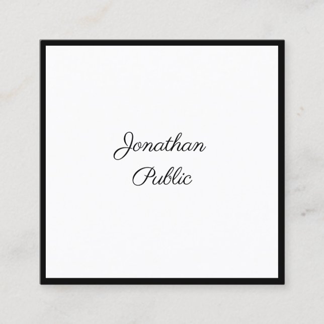 Professional Modern Script Black White Chic Plain Square Business Card (Front)