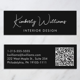 Professional Modern Script QR Code Black Mini Business Card