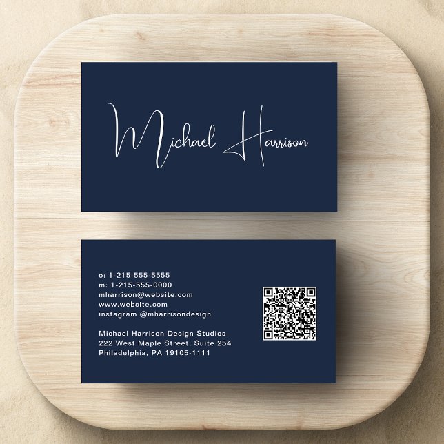 Professional Modern Script QR Code Blue Business Card (Empower your name in our signature script as your logo and brand identity)