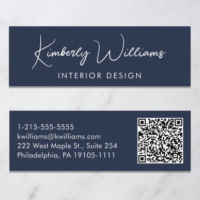 Professional Modern Script QR Code Blue Mini Business Card (Creator Uploaded)