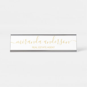 Professional Modern Script White and Gold Desk Name Plate