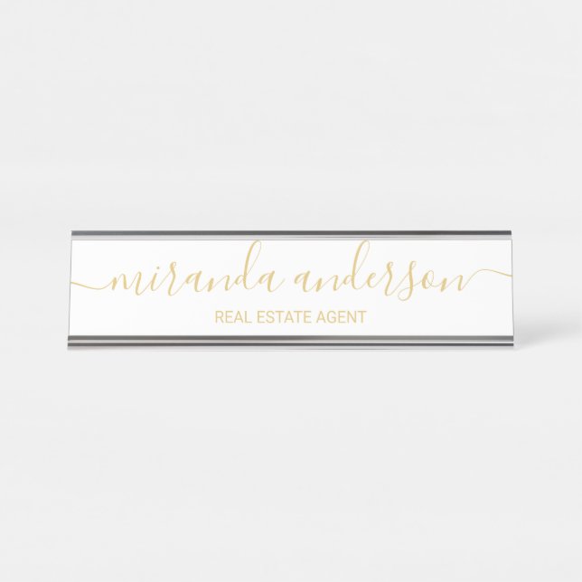 Professional Modern Script White and Gold Desk Name Plate (Front)