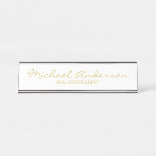 Professional Modern Script White and Gold Desk Name Plate
