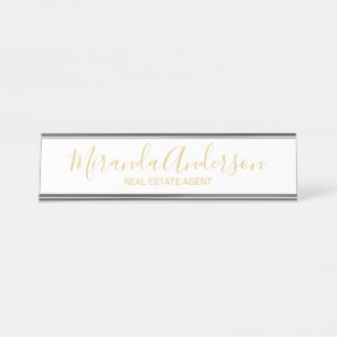 Professional Modern Script White and Gold Desk Name Plate