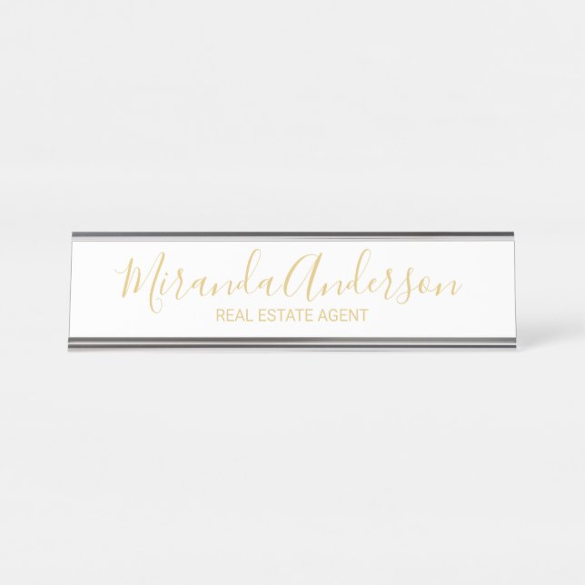 Professional Modern Script White and Gold Desk Name Plate (Front)