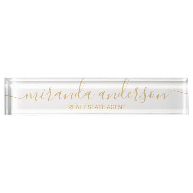 Professional Modern Script White and Gold Nameplate (Front)