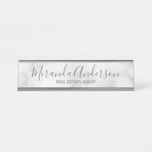 Professional Modern Script White Marble Desk Name Plate