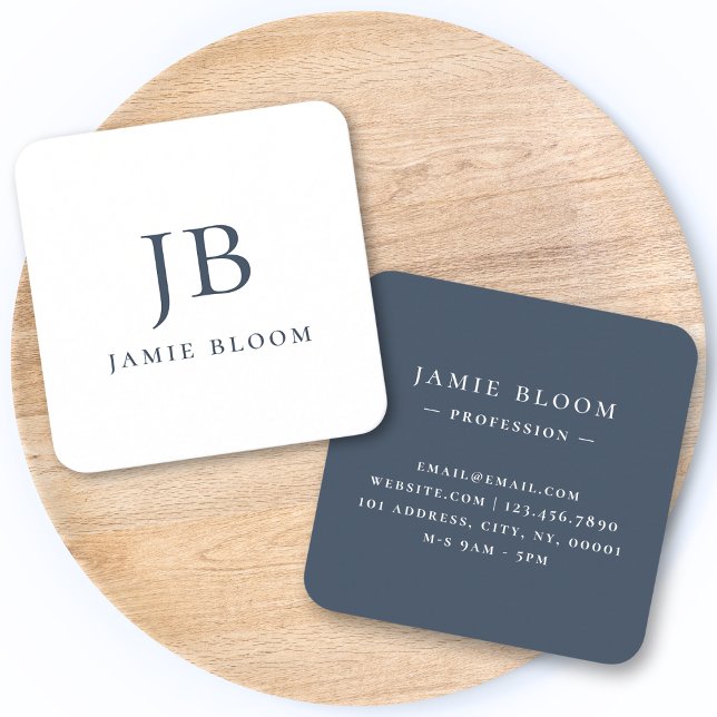 Professional Modern Simple Monogram Initial Navy Square Business Card (Creator Uploaded)