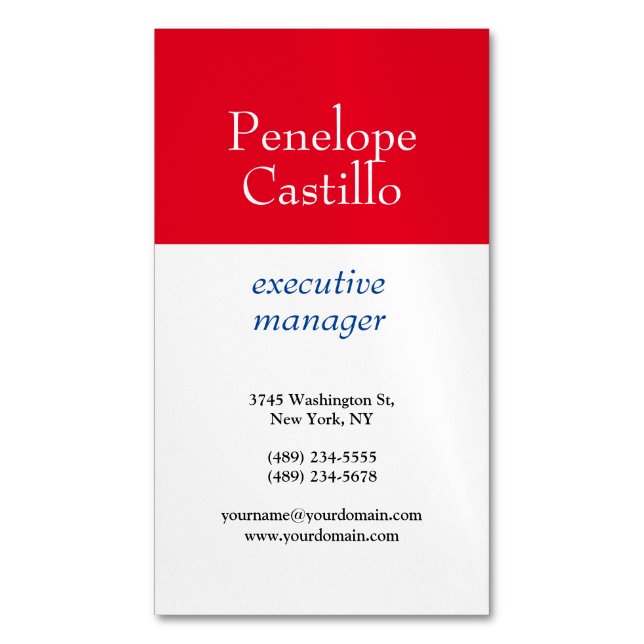 Professional Modern Simple Plain Blue Red White Magnetic Business Card (Front Vertical)