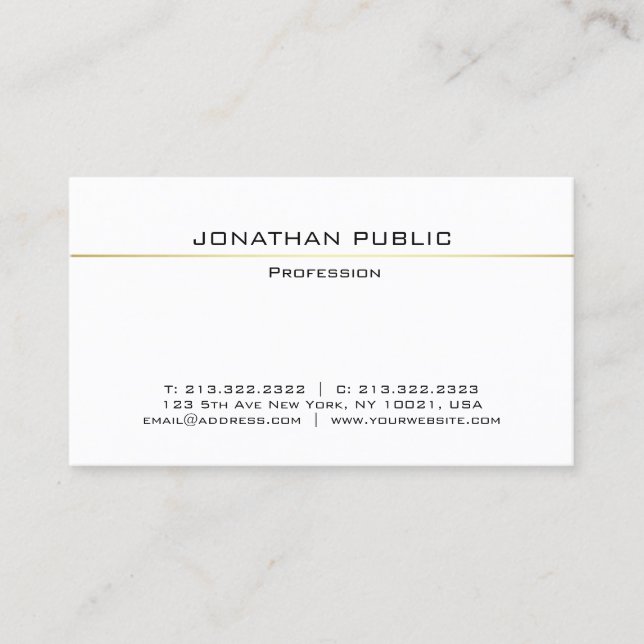 Professional Modern Stylish White Gold Sleek Plain Business Card (Front)