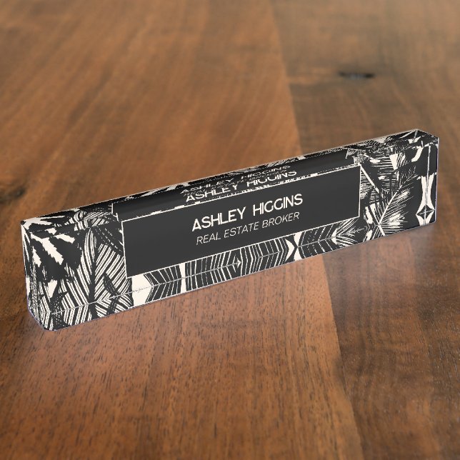 Professional Modern Tropical Black Cream Office Nameplate (Side)