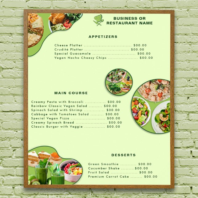 Professional Modern Vegan Healthy Food Menu Green Poster (Available for INSTANT DIGITAL DOWNLOAD also.)