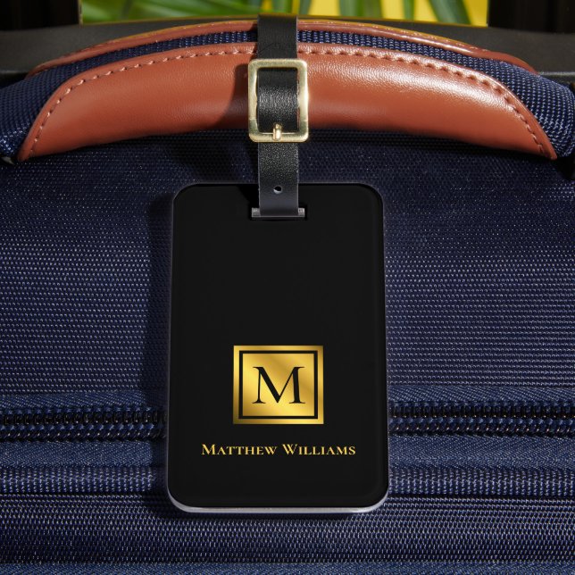 Professional Monogram Black And Gold Personalised Luggage Tag (Front Insitu 2)