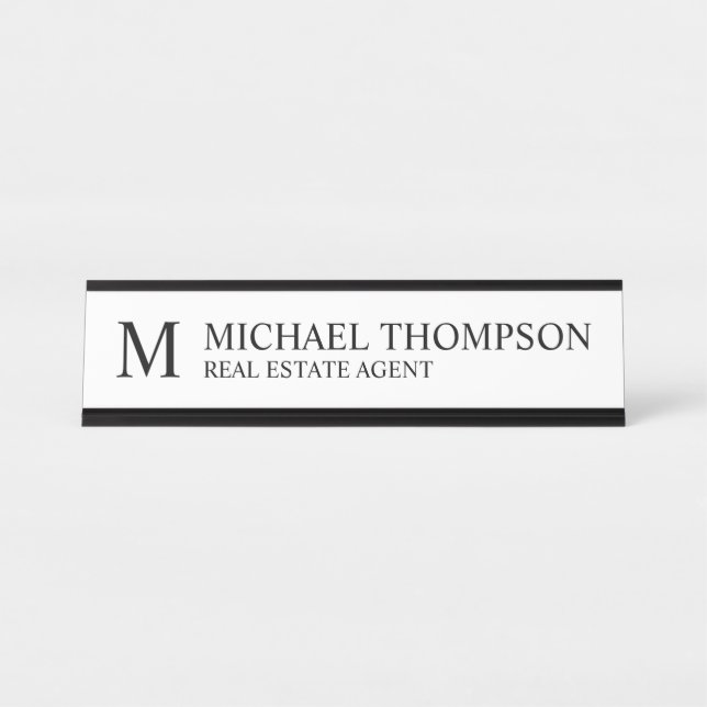 Professional Monogram Black and White Desk Name Plate (Front)