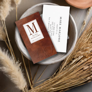 Professional Monogram Brown Leather Texture Business Card