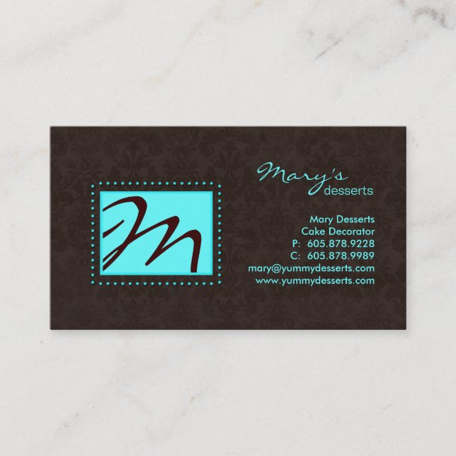Professional Monogram Business Card Blue Brown (Front)