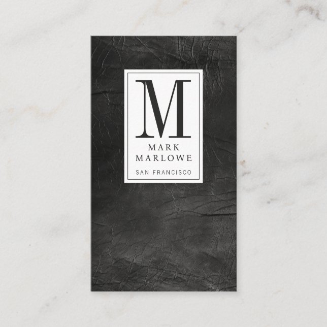 Professional Monogram Distressed Black Leather  Business Card (Front)