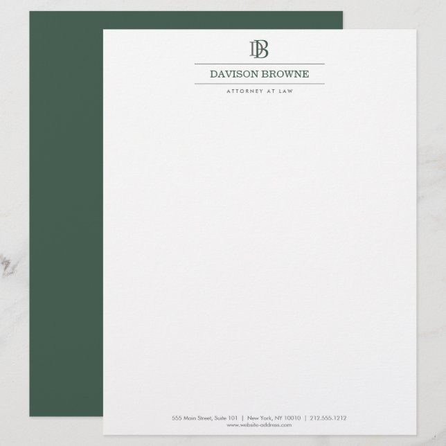 Professional Monogram Green on White Custom Letterhead (Front/Back)