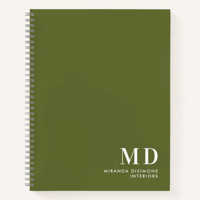 Professional Monogram Initial Olive Green Notebook (Front)