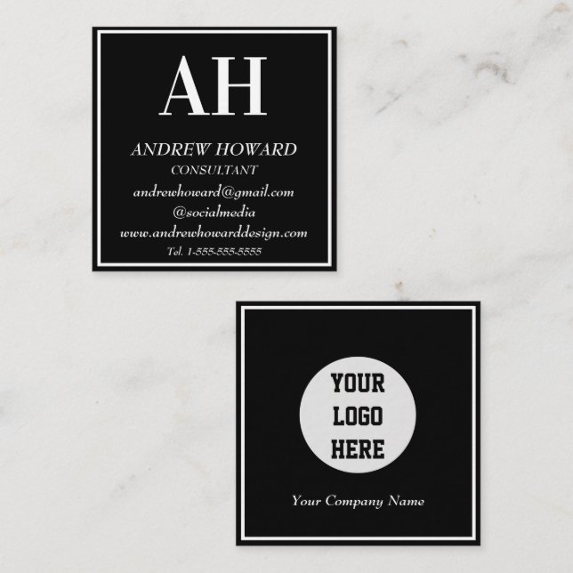 Professional Monogram Logo Masculine Black Square Business Card (Front/Back)