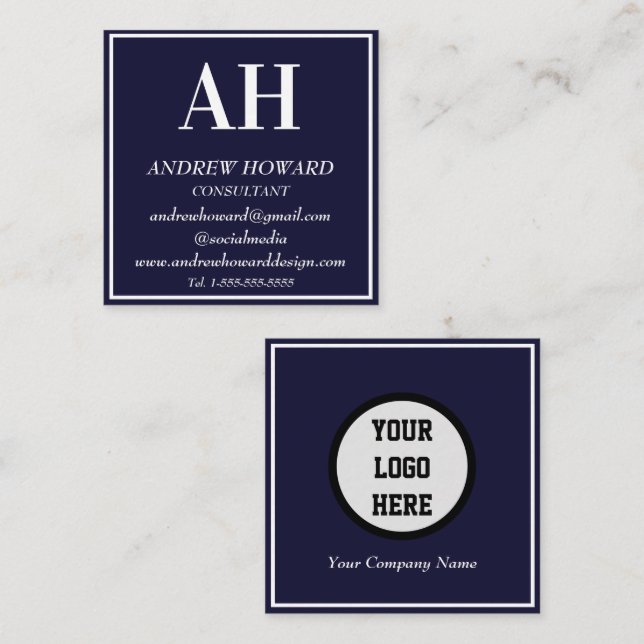 Professional Monogram Logo Masculine Navy Blue Square Business Card (Front/Back)