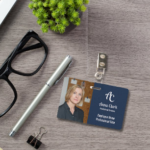 Professional Monogram Logo Navy Blue Texture Photo ID Badge
